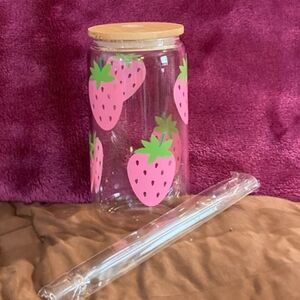 New Glass Can Cups Decorated with Pink Strawberries, Includes Lid & Straw